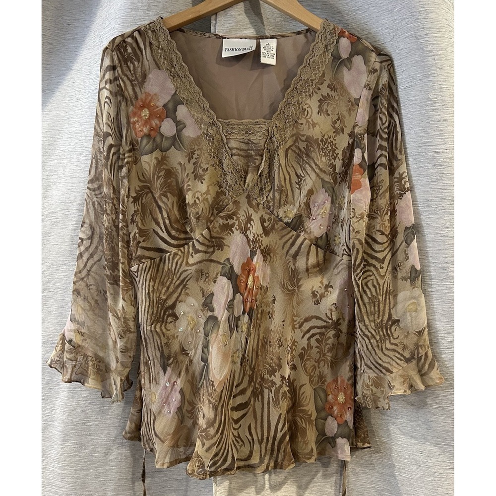 Vintage Fashion Bug Y2K Animal Print Floral Top Size Large
